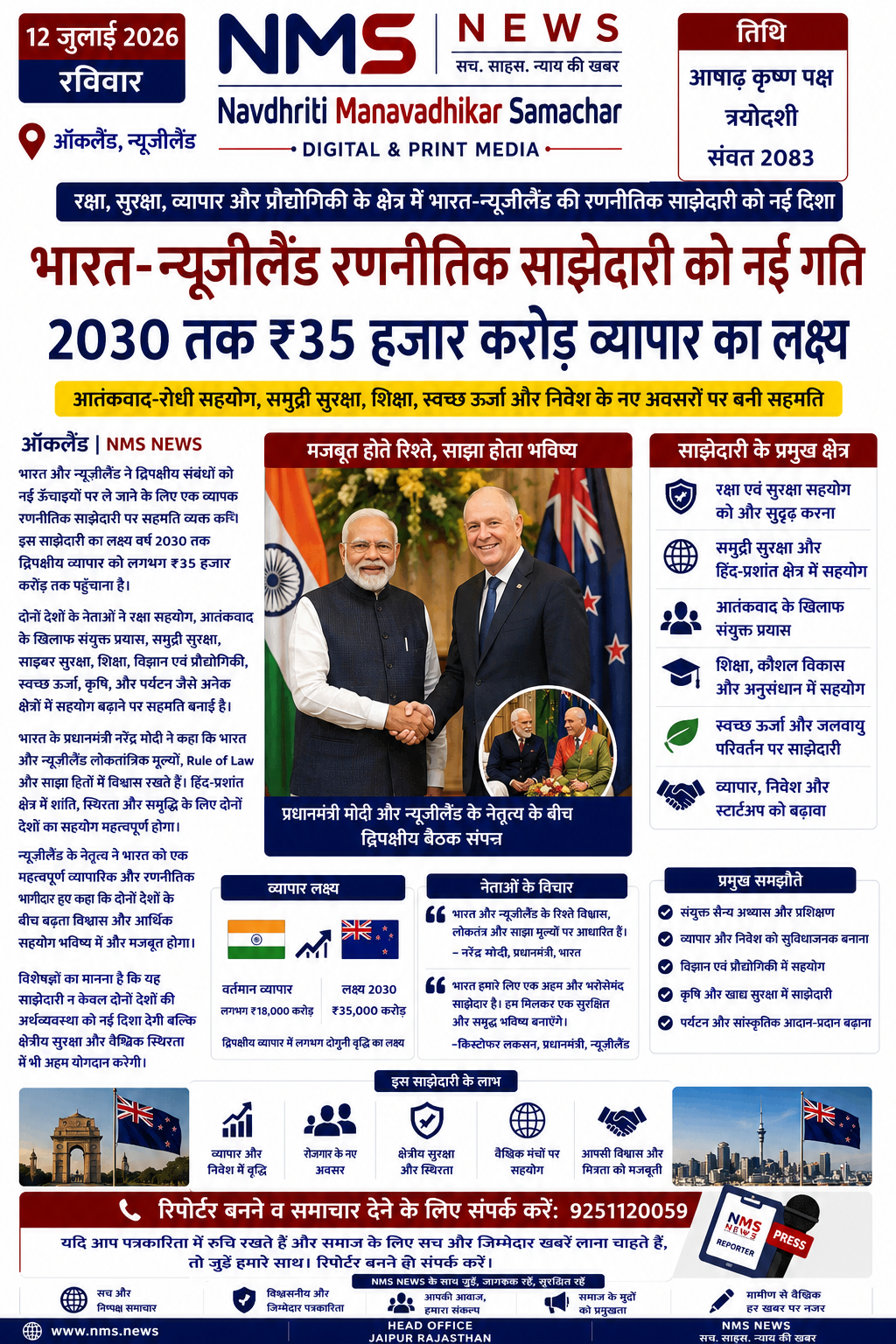 भारत&ndash;न्यूज़ीलैंड रणनीतिक साझेदारी को नई गति, 2030 तक ₹35 हजार करोड़ व्यापार का लक्ष्य
