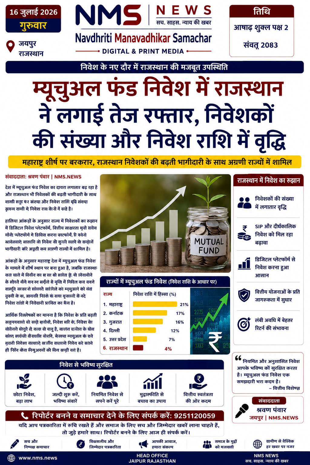 डेटा फंड निवेश में महाराष्ट्र शीर्ष पर बरकरार, राजस्थान निवेशकों की बढ़ती भागीदारी के साथ देश के अग्रणी राज्यों में शामिल।