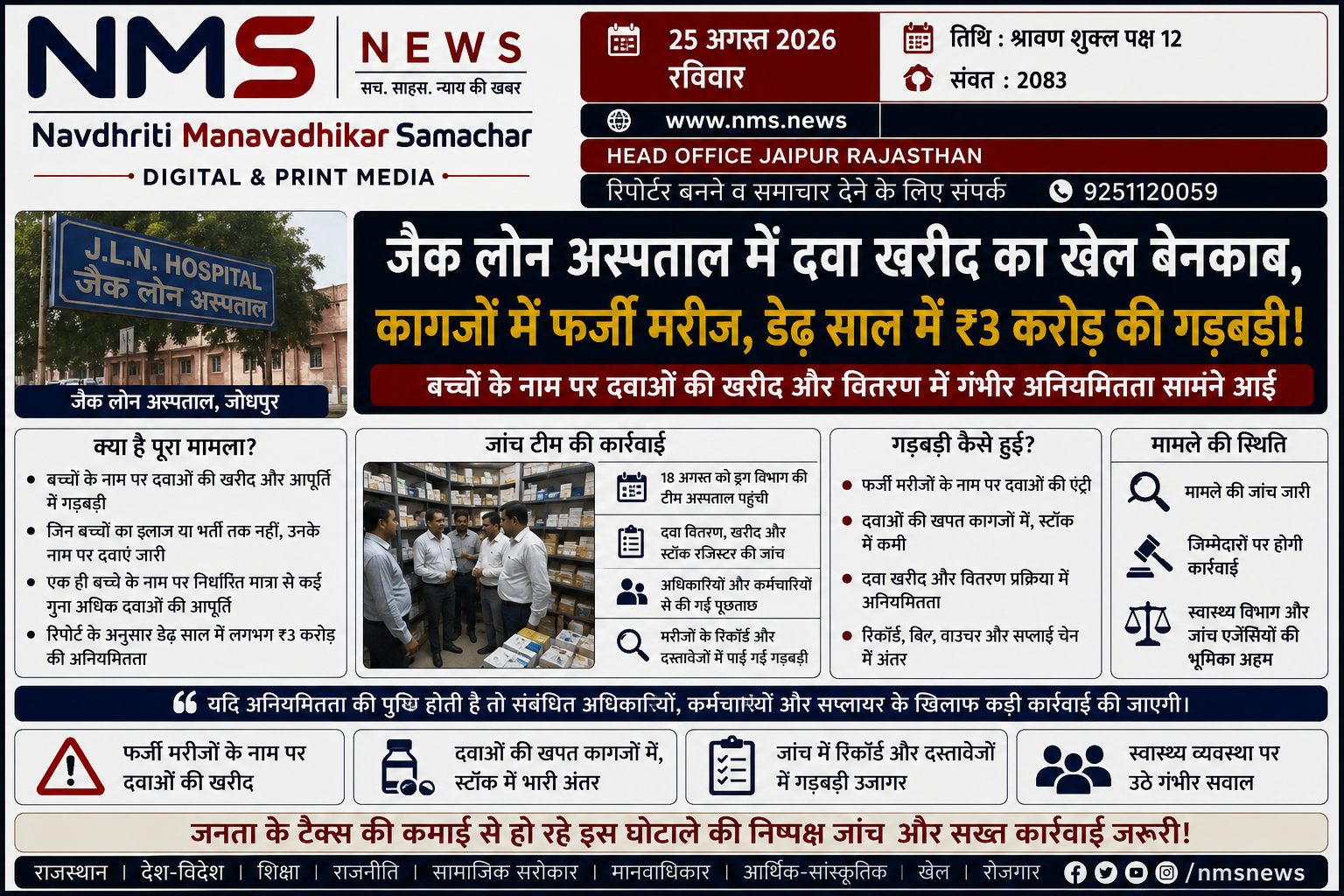 जयपुर। राजस्थान के जैक लोन अस्पताल में बच्चों को दी जाने वाली दवाओं की खरीद और वितरण व्यवस्था को लेकर गंभीर अनियमितताओं का मामला सामने आया है। उपलब्ध रिपोर्ट के अनुसार, अस्पताल में बच्चों के नाम पर दवाओं की गड़बड़ी कर सरकारी धन के दुरुपयोग का आरोप है। करीब डेढ़ साल की अवधि में लगभग ₹3 करोड़ की अनियमितता सामने आने से स्वास्थ्य विभाग की व्यवस्था पर सवाल खड़े हो गए हैं।