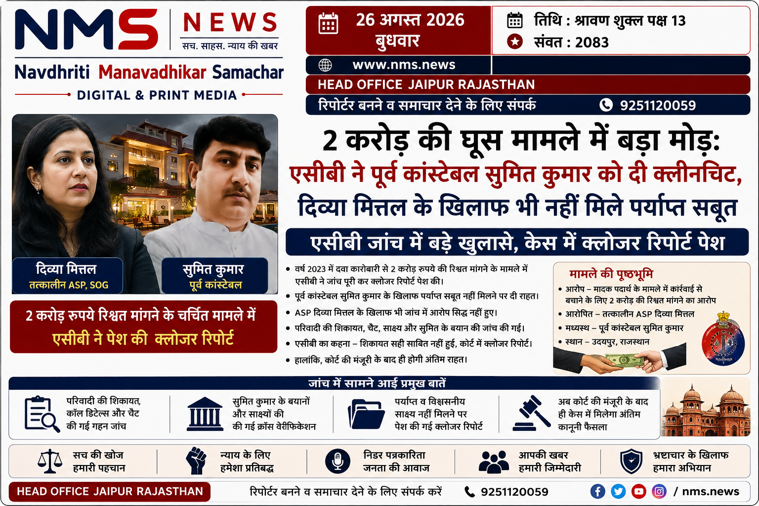 जयपुर। वर्ष 2023 में राजस्थान में चर्चित रहे 2 करोड़ रुपए की रिश्वत मांगने के मामले में अब जांच को लेकर नया अपडेट सामने आया है। अखबार में प्रकाशित रिपोर्ट के अनुसार, एसओजी की तत्कालीन अतिरिक्त पुलिस अधीक्षक दिव्या मित्तल से जुड़े इस प्रकरण में एसीबी ने पूर्व कांस्टेबल सुमित कुमार को आरोपी के तौर पर आगे कार्रवाई से राहत देते हुए क्लोजर रिपोर्ट पेश की है
