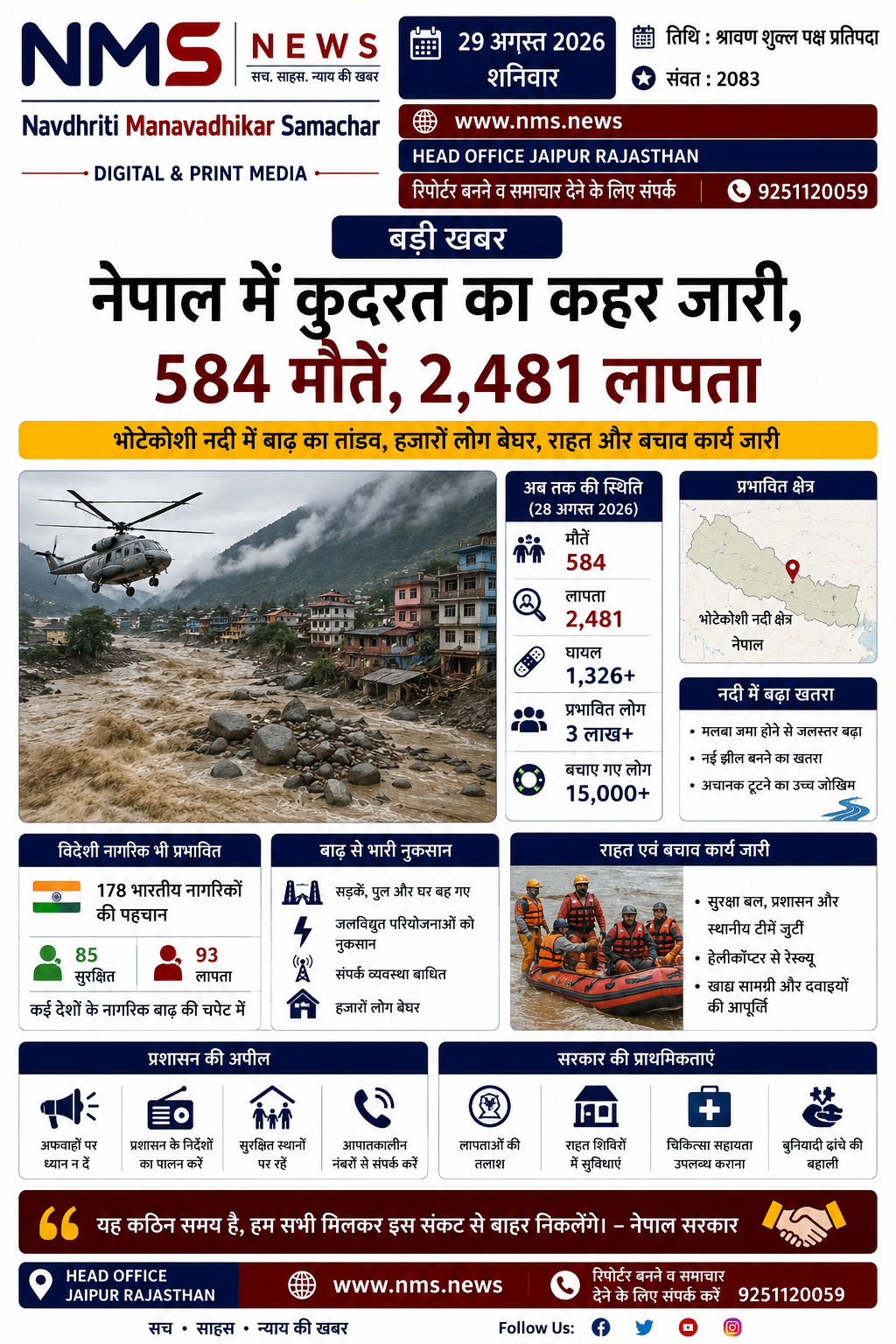 26 अगस्त को आई विनाशकारी बाढ़ के बाद नेपाल और तिब्बत क्षेत्र में मृतकों का आंकड़ा 584 तक पहुंचने की रिपोर्ट सामने आई है, जबकि करीब 2,481 लोग अभी लापता बताए जा रहे हैं। हालांकि अलग-अलग सरकारी एजेंसियों द्वारा जारी आंकड़ों में अंतर है और बचाव अभियान के साथ संख्या लगातार बदल रही है। �