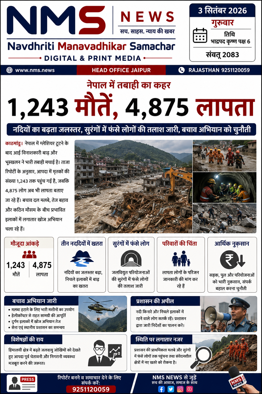 काठमांडू/जयपुर। नेपाल में ग्लेशियर टूटने के बाद आई विनाशकारी बाढ़ और भूस्खलन ने भारी तबाही मचाई है। ताजा रिपोर्टों के अनुसार, आपदा में मृतकों की संख्या 1,243 तक पहुंच गई है, जबकि 4,875 लोग अब भी लापता बताए जा रहे हैं। बचाव दल मलबे, तेज बहाव और कठिन मौसम के बीच प्रभावित इलाकों में लगातार खोज अभियान चला रहे हैं।