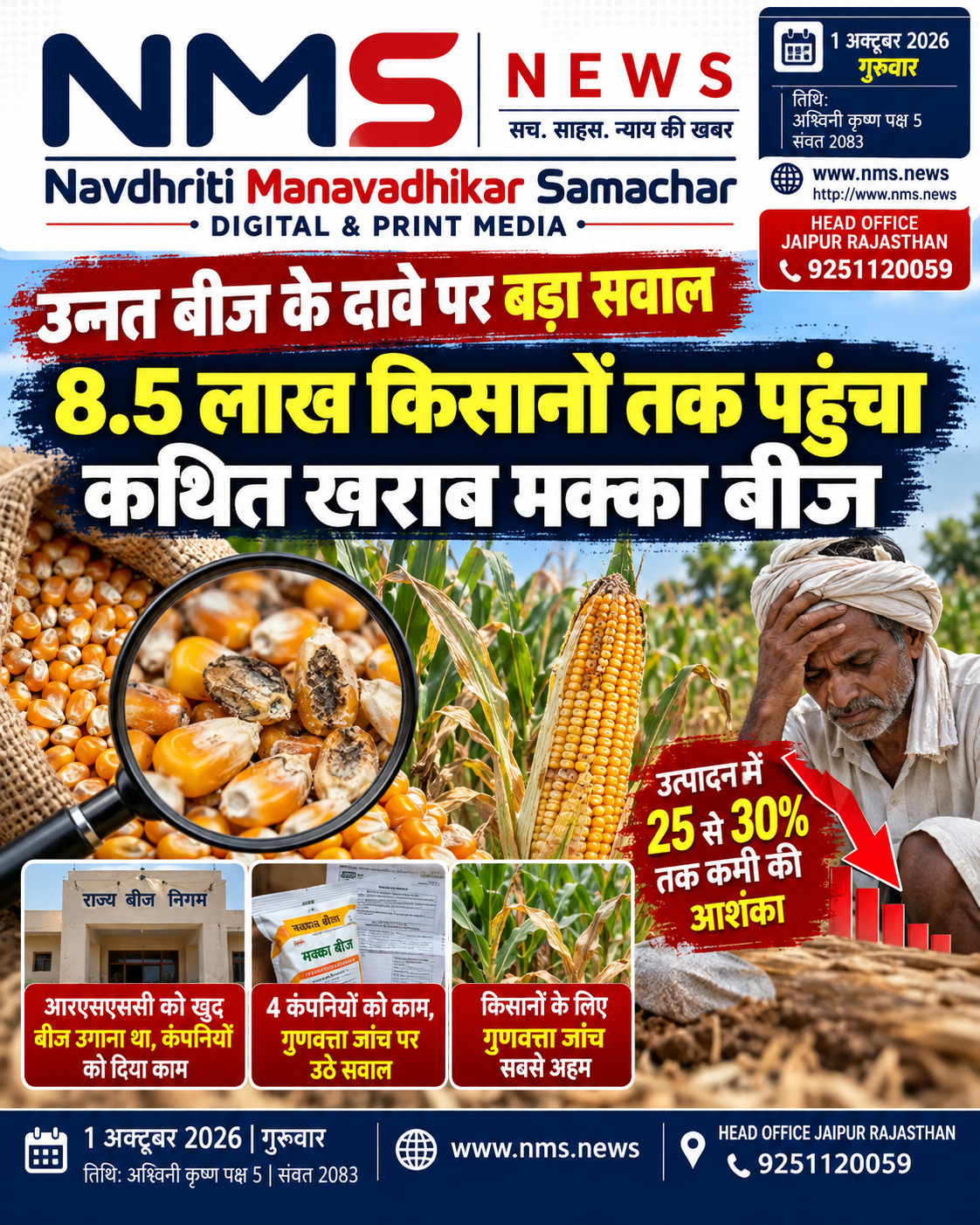 जयपुर। राजस्थान में मक्का की उन्नत खेती को लेकर सामने आई एक रिपोर्ट ने बीज की गुणवत्ता और निगरानी व्यवस्था पर सवाल खड़े किए हैं। प्रकाशित रिपोर्ट के अनुसार, किसानों को उन्नत किस्म के नाम पर ऐसा मक्का बीज वितरित किया गया, जिसकी गुणवत्ता को लेकर शिकायतें सामने आई हैं। रिपोर्ट में दावा किया गया है कि करीब 8.5 लाख किसानों को यह बीज उपलब्ध कराया गया।