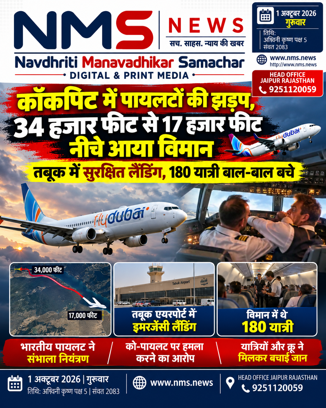 दुबई/तेल अवीव। दुबई से तेल अवीव जा रही फ्लाईदुबई की उड़ान FZ1073 में बुधवार को उस समय अफरा-तफरी मच गई, जब उड़ान के दौरान कॉकपिट में कैप्टन और को-पायलट के बीच कथित तौर पर हिंसक झड़प हो गई। रिपोर्टों के अनुसार, भारतीय मूल के कैप्टन पर हमला किया गया, लेकिन उन्होंने विमान का नियंत्रण बनाए रखने में अहम भूमिका निभाई। घटना के बाद विमान को सऊदी अरब के तबूक एयरपोर्ट की ओर डायवर्ट कर सुरक्षित उतारा गया