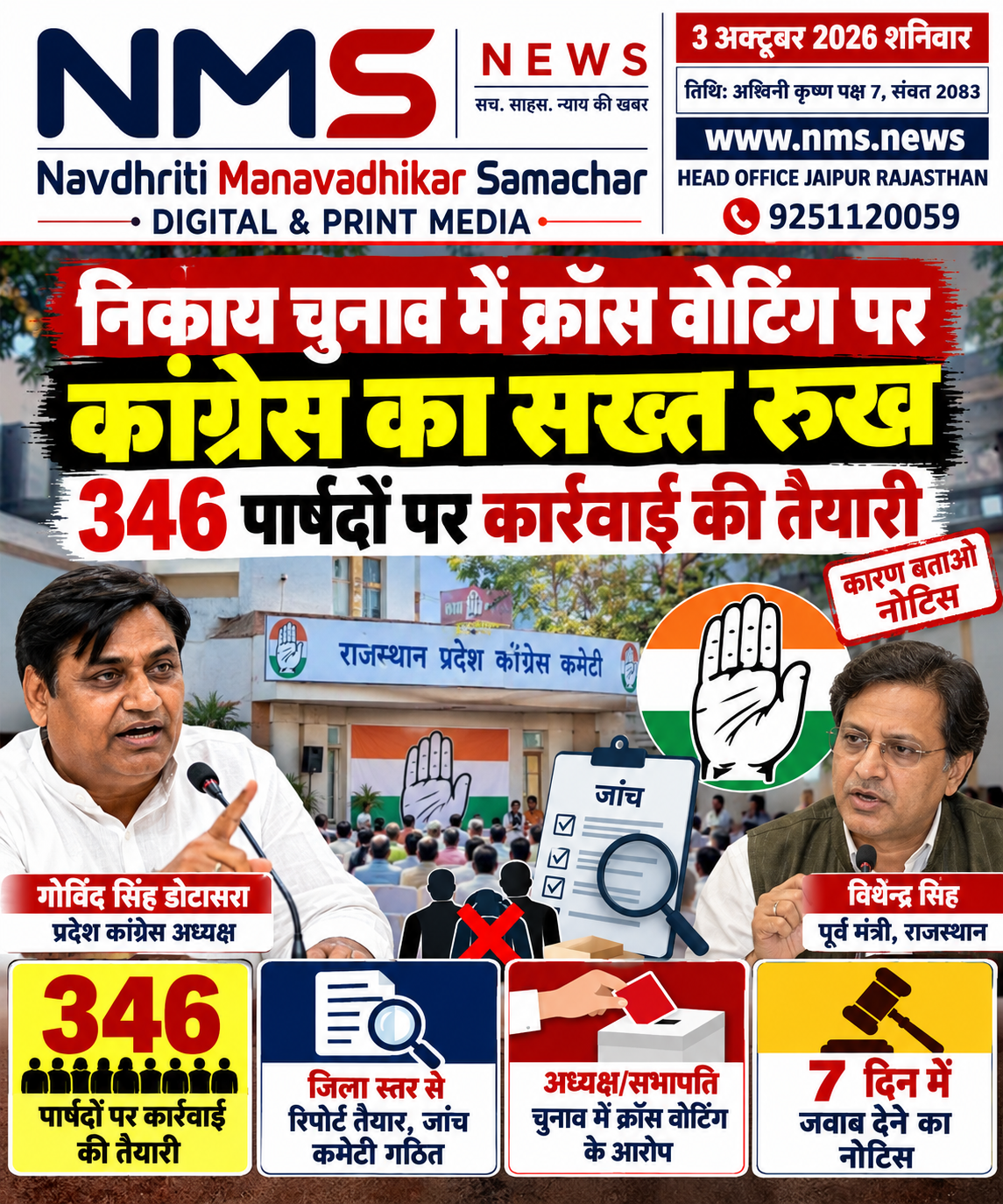 जयपुर। राजस्थान में हाल ही में हुए निकाय चुनावों के बाद कांग्रेस के भीतर क्रॉस वोटिंग और पार्टी लाइन के खिलाफ मतदान को लेकर संगठन ने कार्रवाई की तैयारी शुरू कर दी है। प्रदेश कांग्रेस ने विभिन्न निकायों से मिली शिकायतों और रिपोर्ट के आधार पर ऐसे पार्षदों की जानकारी जुटाई है, जिन पर पार्टी के अधिकृत प्रत्याशियों के बजाय दूसरे उम्मीदवारों के पक्ष में मतदान करने के आरोप हैं। रिपोर्टों में ऐसे 346 पार्षदों का उल्लेख किया गया है।