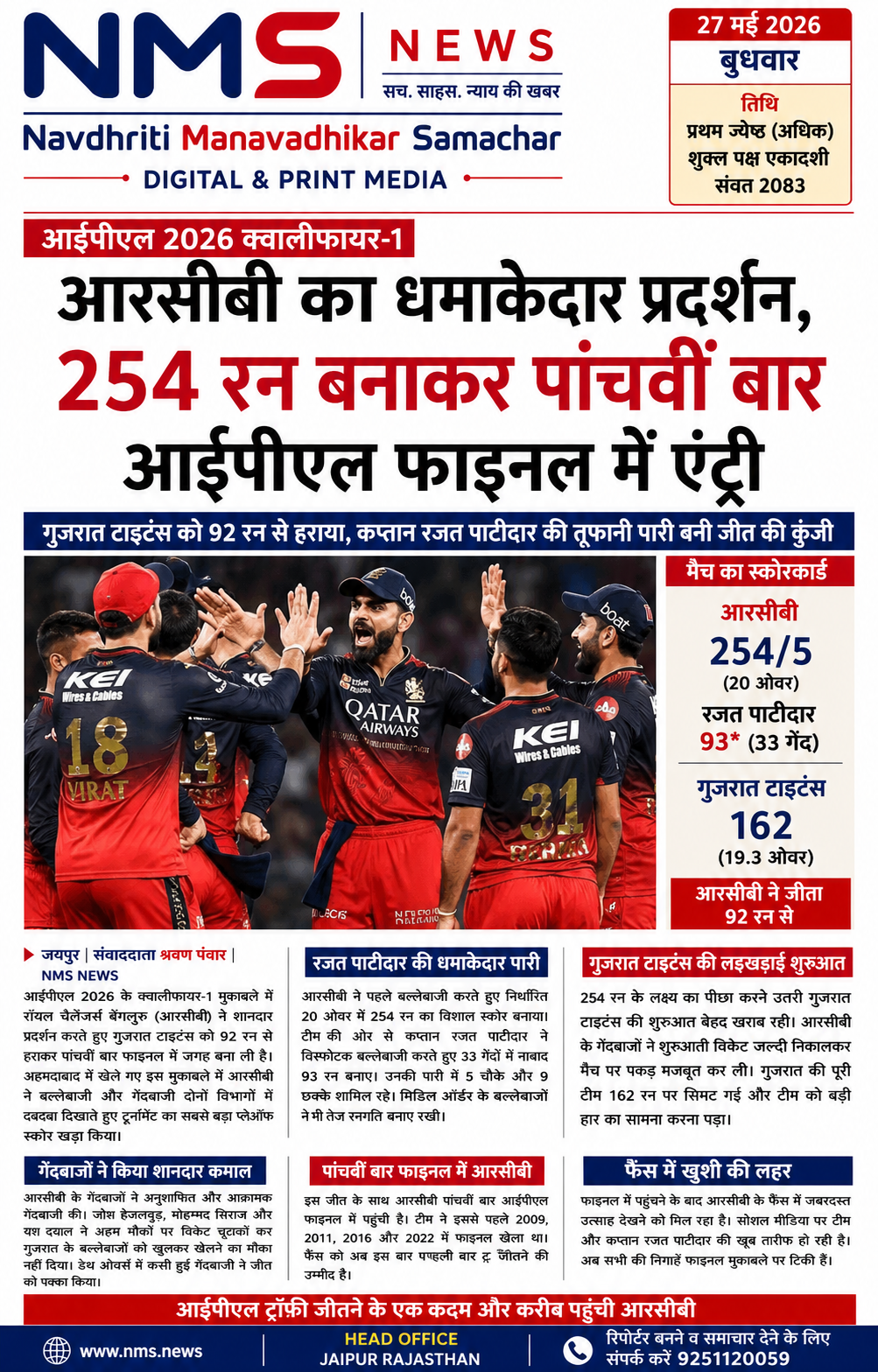 आरसीबी का धमाकेदार प्रदर्शन, 254 रन बनाकर पांचवीं बार आईपीएल फाइनल में एंट्री