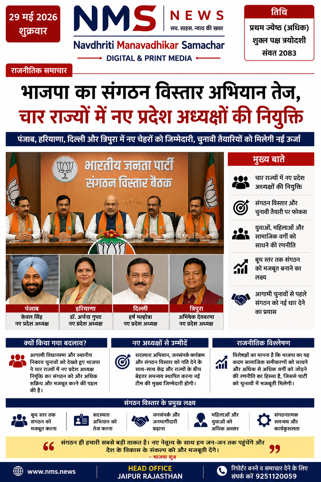 भाजपा का संगठन विस्तार अभियान तेज, चार राज्यों में नए प्रदेश अध्यक्षों की नियुक्ति