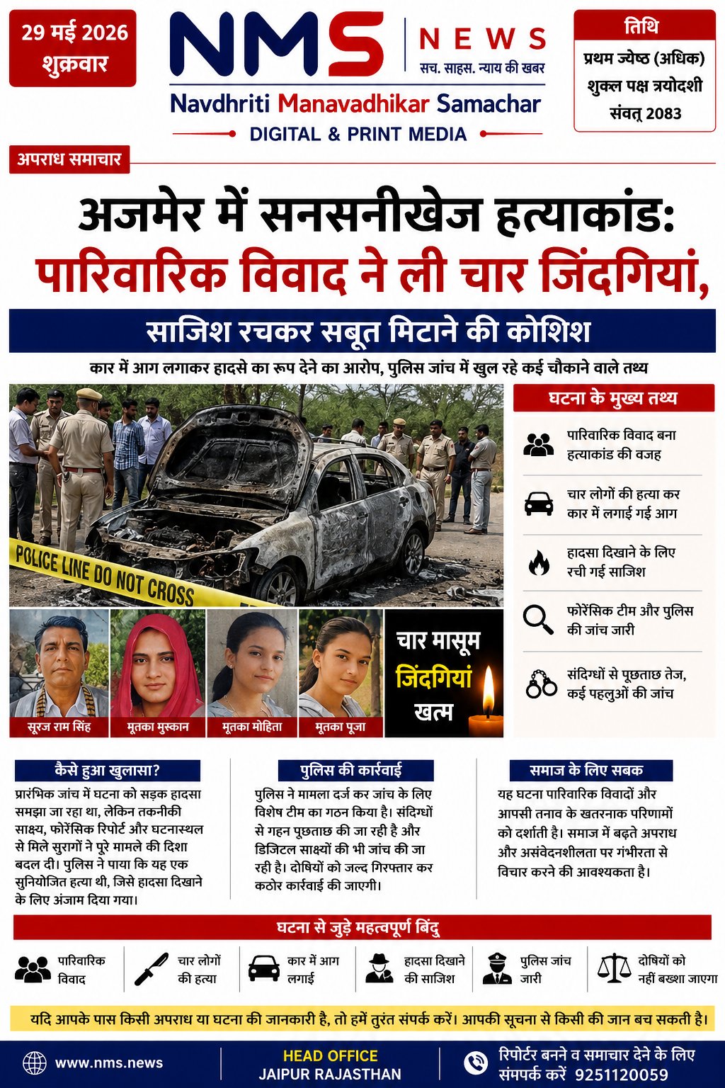 अजमेर में सनसनीखेज हत्याकांड: पारिवारिक विवाद ने ली चार जिंदगियां, साजिश रचकर सबूत मिटाने की कोशिश